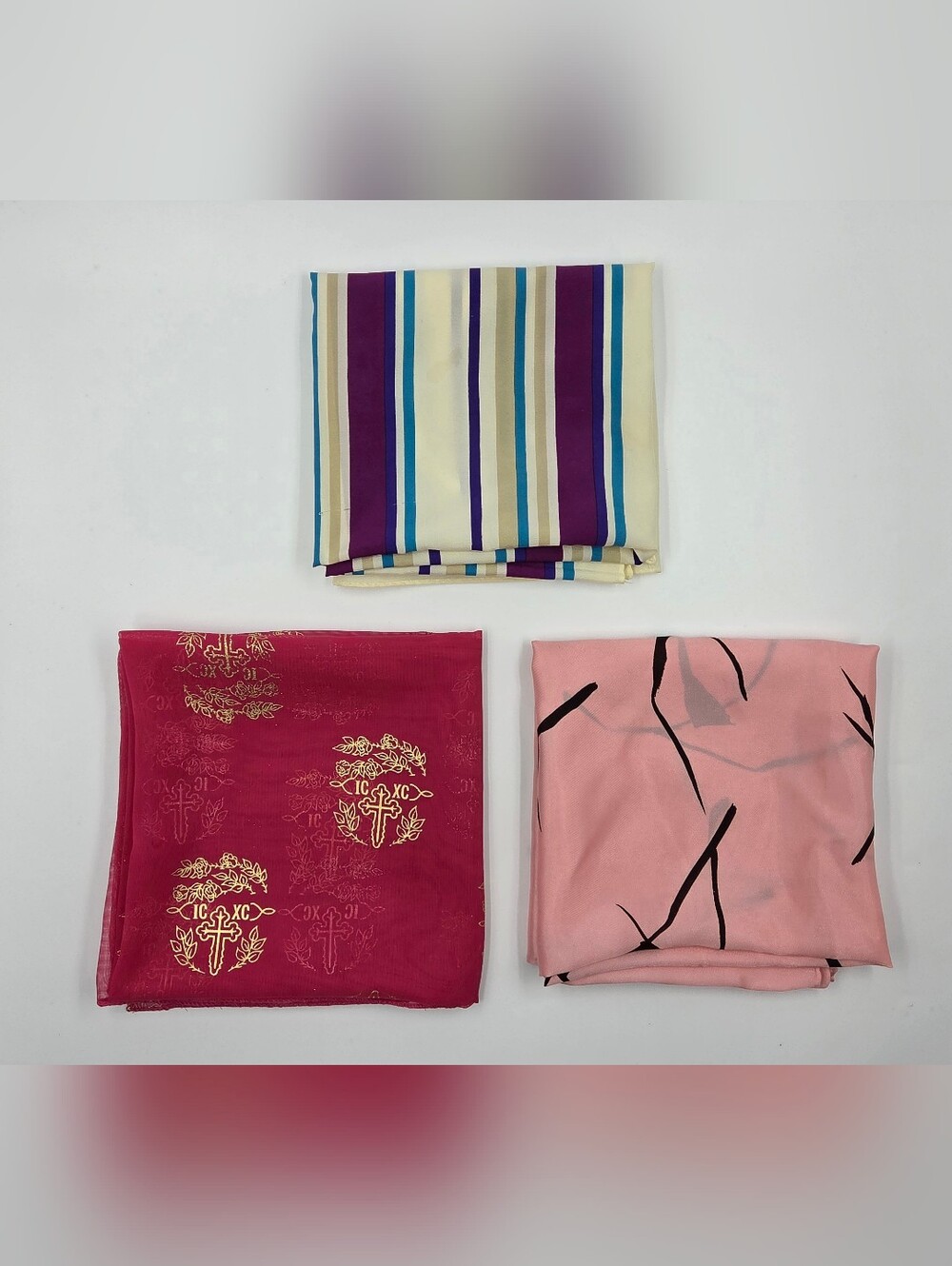 Lot of 3 Vintage & Modern Scarves | Fuchsia Christian Cross, 1970s Striped, Pink